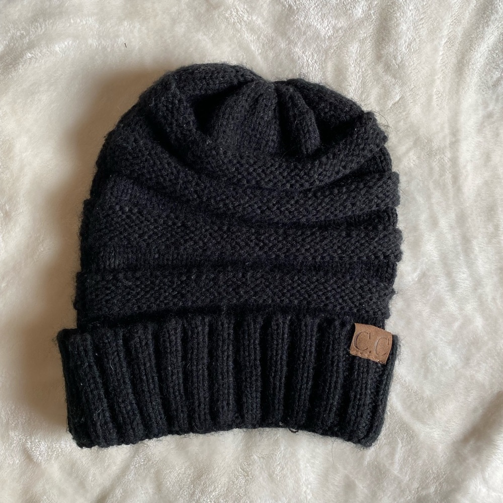 C.C Black Knit Beanie with C.C Leather Patch